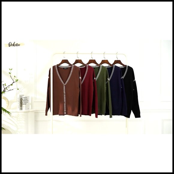 Oversized V-Neck Cardigan Sweater, Button Front, Striped Trim, Fall Winter - Picture 6 of 7